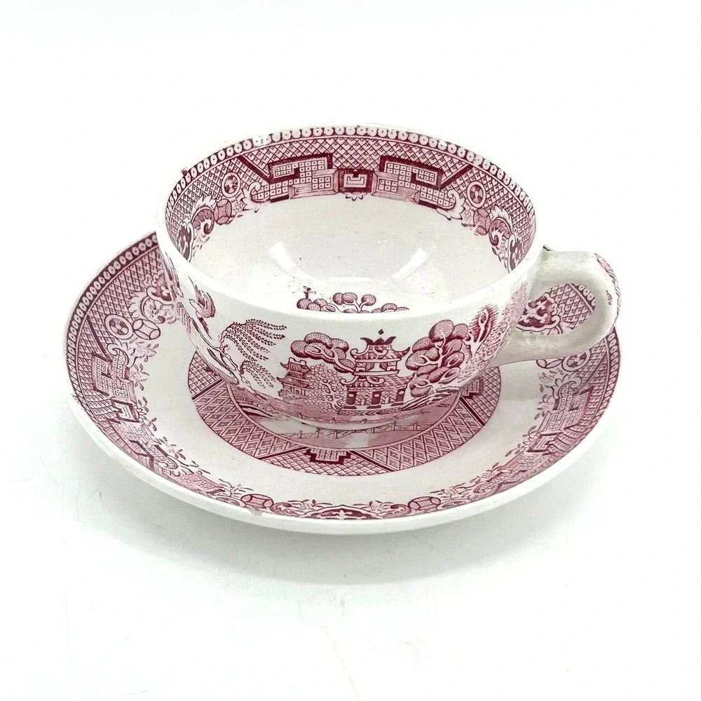 Societe Ceramique Maastricht Pink Red Willow Tea Cup & Saucer Set Holland VTG